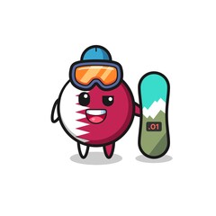 Illustration of qatar flag badge character with snowboarding style
