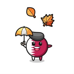 cartoon of the cute qatar flag badge holding an umbrella in autumn