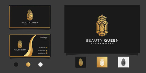 Queen beauty logo with modern golden neagtive space style and business card design Premium Vector