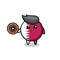 illustration of an qatar flag badge character eating a doughnut