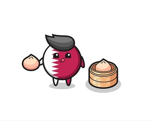 cute qatar flag badge character eating steamed buns