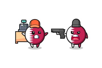 illustration of the cute qatar flag badge as a cashier is pointed a gun by a robber