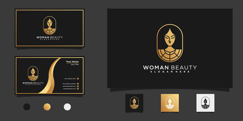 Woman hair salon logo design with unique style, gold gradient color concept for beauty salon Premium Vector