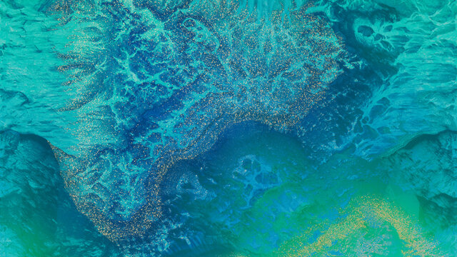Green and Aqua Abstract Art. Modern Design with Marble Swirls and Agate Ripples. Beautiful, Natural Background with Gold Glitter.