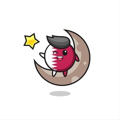 Obraz premium illustration of qatar flag badge cartoon sitting on the half moon