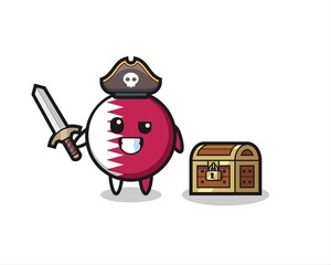 the qatar flag badge pirate character holding sword beside a treasure box