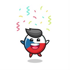 happy czech republic flag badge mascot jumping for congratulation with colour confetti