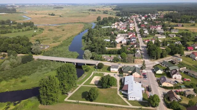 Top view of the town  of Suraż on the Narew River.Landscape of the meandering Narew River in its valley,where the Narew National Park begins.