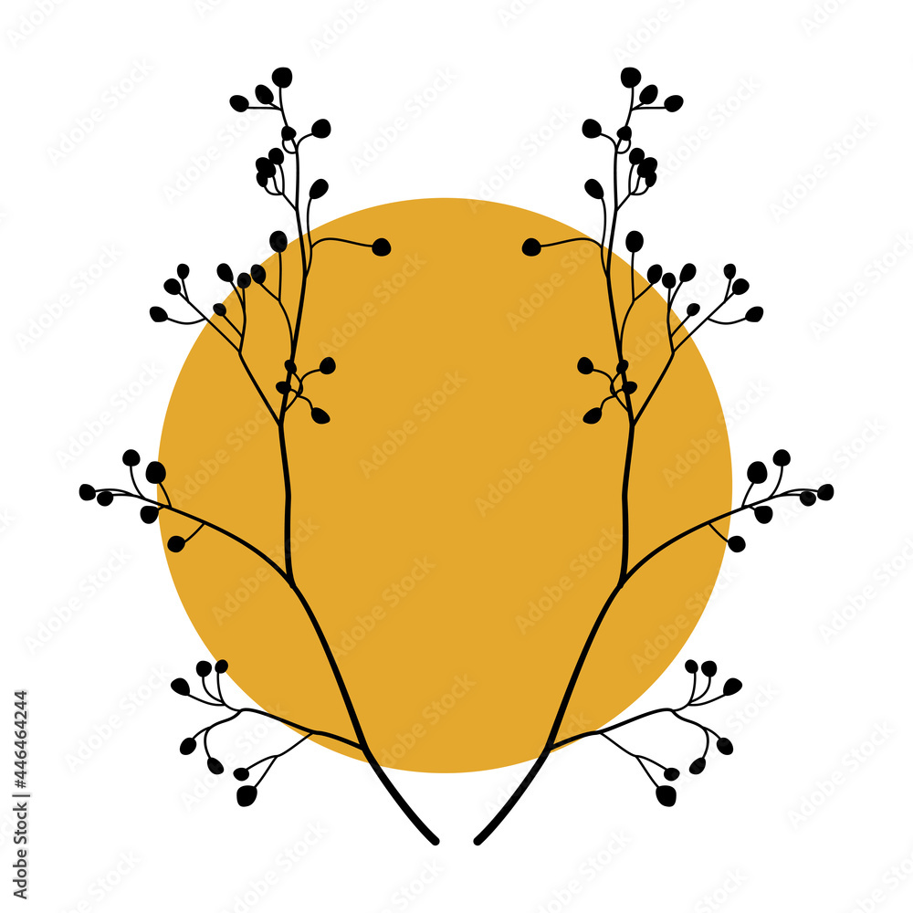Poster Silhouette of symmetry Branches of trees with abstract round shape. Plant Art design for Botanical boho wall art. Vector illustration
