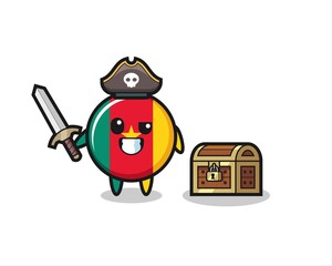 the cameroon flag badge pirate character holding sword beside a treasure box