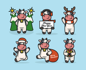 Set of cute cow bull with Christmas decoration