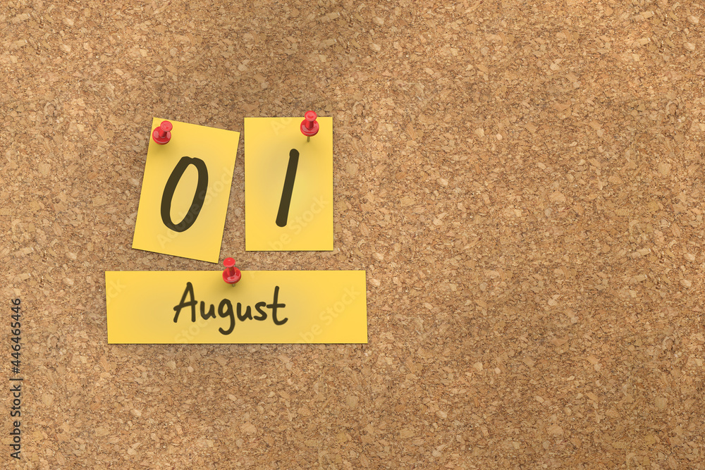 Poster 3d rendering of important days concept. august 1st. day 1 of month. the date written on yellow paper