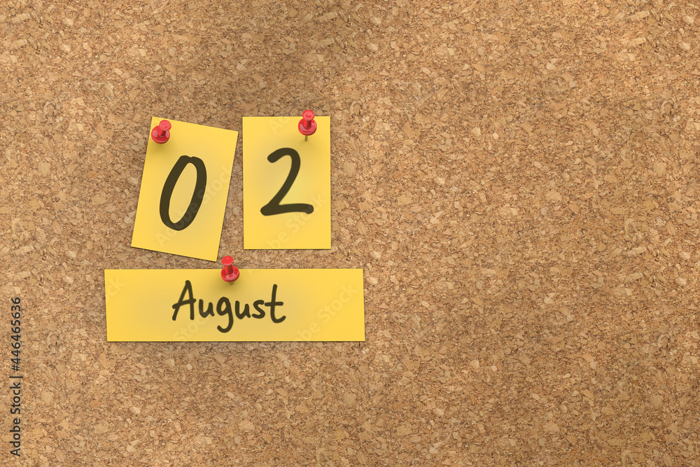 Poster 3d rendering of important days concept. august 2nd. day 2 of month. the date written on yellow paper