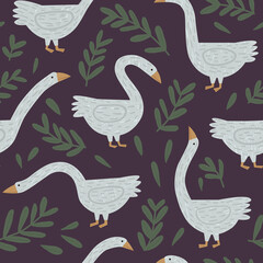 Hand drawn seamless pattern with geese and leaves. Cartoon vector background with cute white long neck birds. Childish goose character, textile, wallpaper flat print design with farm animal