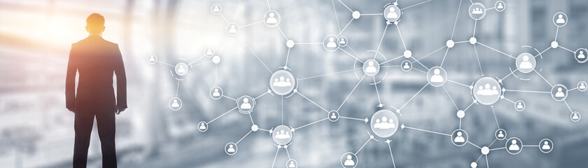 Fototapeta premium Social media icon people. Communication background. Universal elongated background for the site