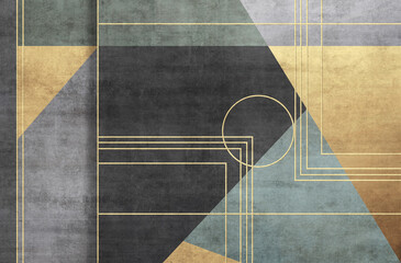 Grunge photo wallpaper with geometric abstraction on concrete background with gold elements. Illustration for wallpaper, fresco, mural. - 446466291