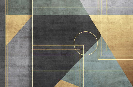 Grunge photo wallpaper with geometric abstraction on concrete background with gold elements. Illustration for wallpaper, fresco, mural. © obscur_a
