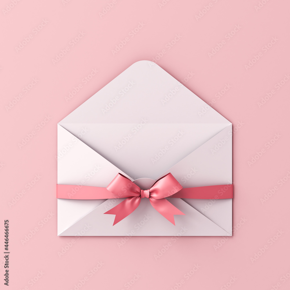 Poster open blank white envelope with pink ribbon bow isolated on pink pastel color background with shadow 