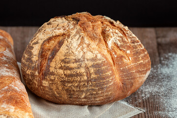 Rye, whole grain bread. Fresh Irish bread on a wooden background. Studio photography.