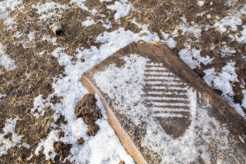 Footprint from the sole of a shoe in the snow. Remains of snow after winter.