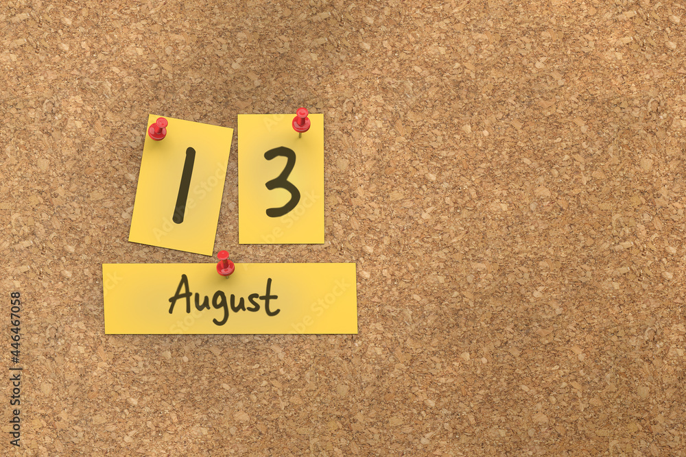 Poster 3d rendering of important days concept. august 13th. day 13 of month. the date written on yellow pap