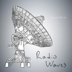 Radio telescope dishes antenna. Vector sketch draw