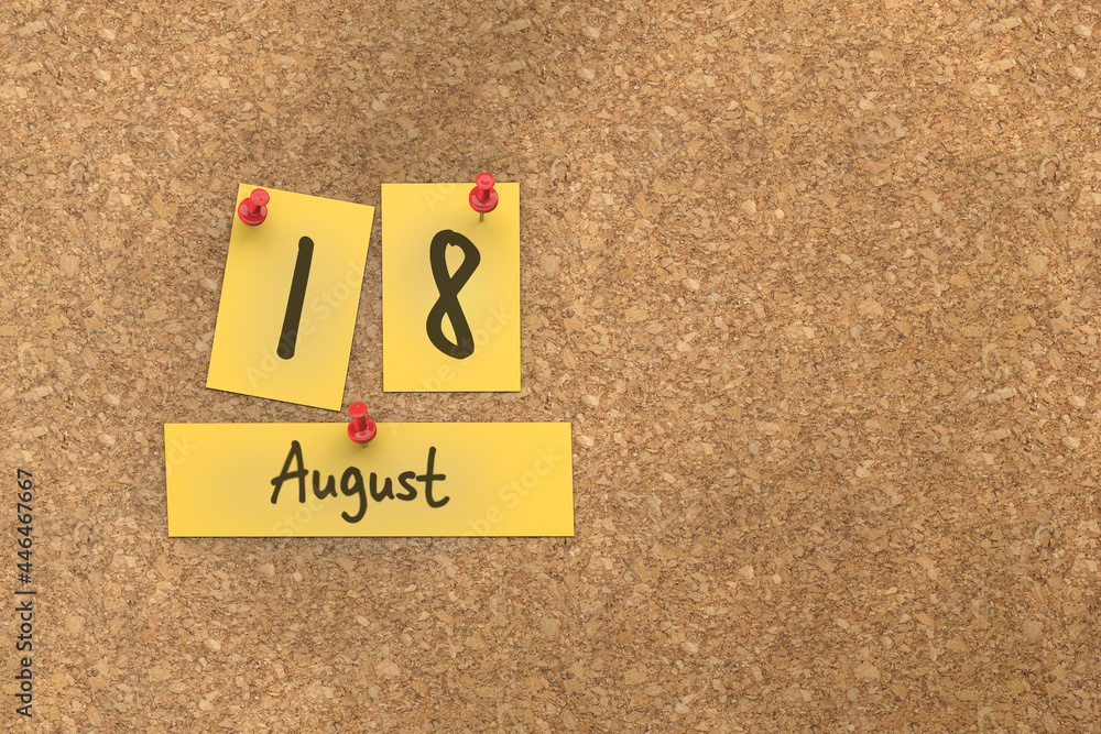 Poster 3d rendering of important days concept. august 18th. day 18 of month. the date written on yellow pap