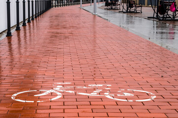 Red brick bike path. Wet bicycle path. The sidewalk after the rain. Bicycle markings.