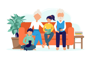 Grandparents with grandchildren on the couch. An elderly woman and a man with children and a cat spend time together. A happy family. Vector illustration in flat style