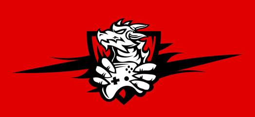 Vector logo dragon head with joystick on red background. Line art flat style design of animal dragon
