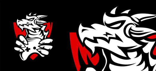 Vector logo dragon head with joystick on black background. Line art flat style design of strong animal dragon