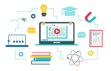 Online education concept. Physics school subject online education service or platform. Illustration in flat style