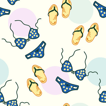 Seamless vector pattern swimsuit and flip flops. Summer color illustration for banner, poster, wallpaper, background, wrapper, textile, fabric.