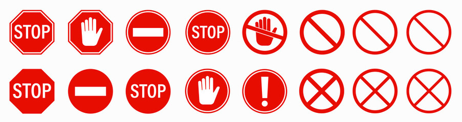 Fototapeta Stop red sign icon - vector set. STOP sign with white hand. Warning stop signs isolated. Traffic signs collection. Vector illustration obraz