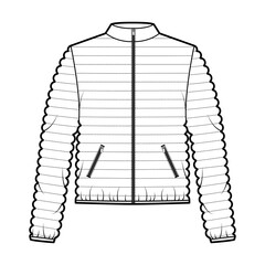 Down puffer coat jacket technical fashion illustration with long sleeves, stand collar, zip-up closure, pockets, hip length, narrow quilting. Flat template front, white color. Women, men, unisex CAD