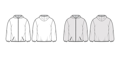 Puffer coat jacket technical fashion illustration with long sleeves, hoody collar, zip-up closure, boxy fit, hip length. Flat template front, back, white, grey color style. Women, men, unisex top CAD © Vectoressa
