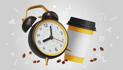 3d illustration of retro alarm clock with coffee cup and coffee bean, time for break
