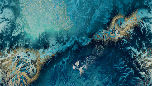 Blue and Aqua Abstract Art. Contemporary Artwork with Marble Swirls and Agate Ripples. Luxury, Natural Texture with Gold Glitter.