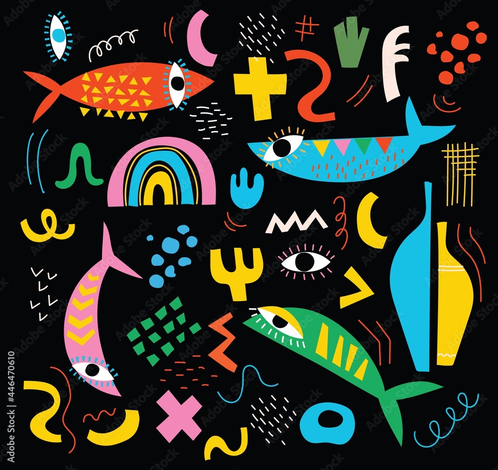 Poster hand drawn various shapes and doodle objects. set of three abstract contemporary modern trendy vecto