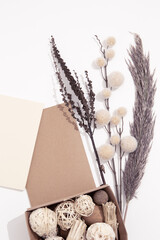 Fall Winter cozy flat lay mock-up with autumn brunch decor box. Trendy beige brown color shades. Minimalist seasonal aesthetic wallpaper