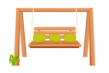 Wooden swing backyard furniture, hanging bench in cartoon style isolated on white background. Rural comfortable seat. Garden, park decoration.