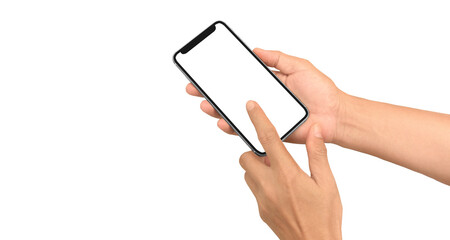 Hand holding smartphone device touching screen