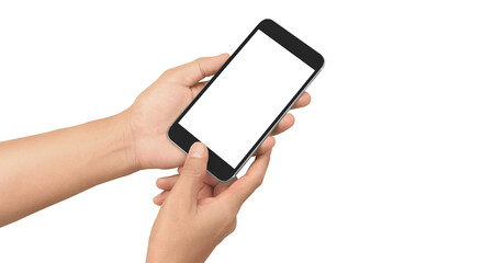 Hand holding smartphone device touching screen