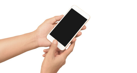 Hand holding smartphone device touching screen