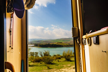 View from caravan inside on landscape in Spain