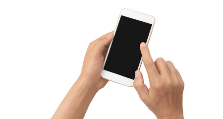 Hand holding smartphone device touching screen