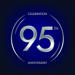 95th anniversary. Ninety-five years birthday celebration banner in silver color. Circular logo with elegant number design.