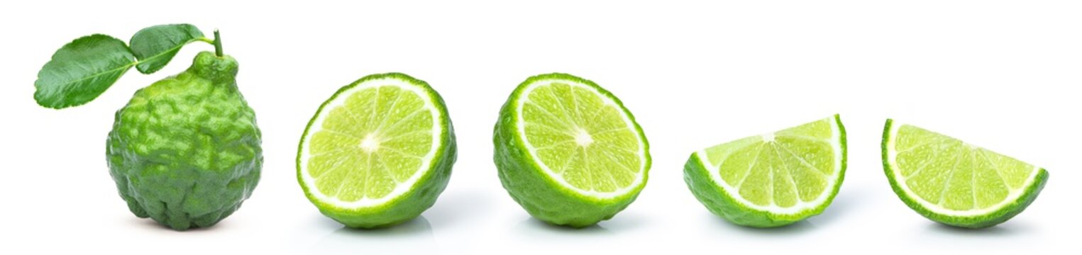 Set of whole and half slice of bergamot fruit isolated on white 