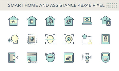 Smart home system and digital technology vector icon set. Consist of voice assistant or recognition, security and automation. To monitoring and control by remote, ai, app in mobile or smartphone.