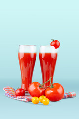 Two glasses with tomato juice and a small tomato on a bright background.